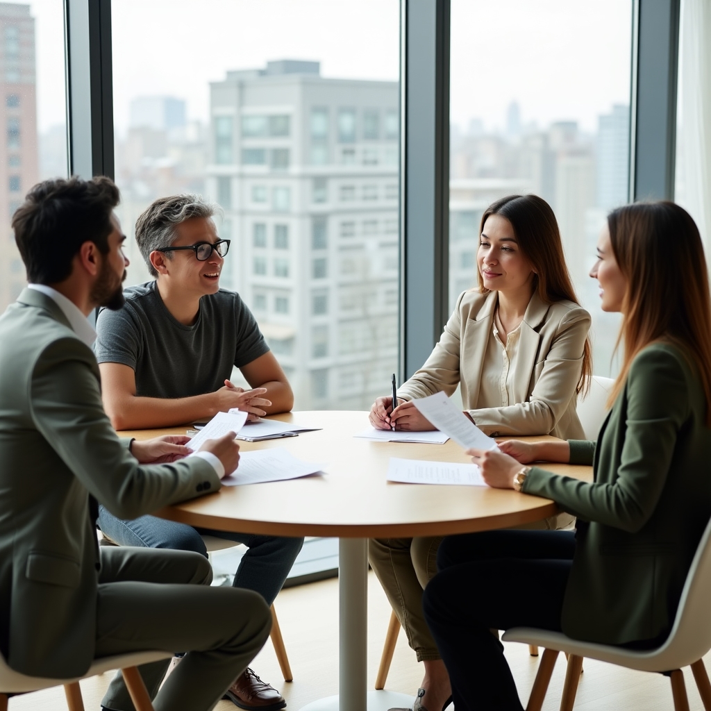 Kleine Gruppe bei einem Samstagvormittag-Workshop an einem hellen Tisch